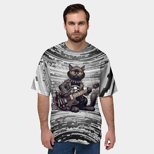 Мужская футболка оверсайз Чёрный кот играет на гитаре - нейроарт / 3D-принт – фото 3