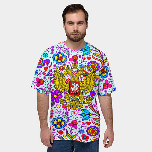 Мужская футболка оверсайз Россия гжель нерб / 3D-принт – фото 3