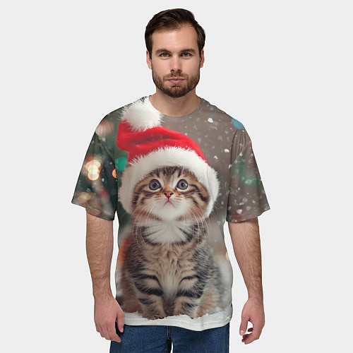 Мужская футболка оверсайз Новогодний котенок и снег / 3D-принт – фото 3