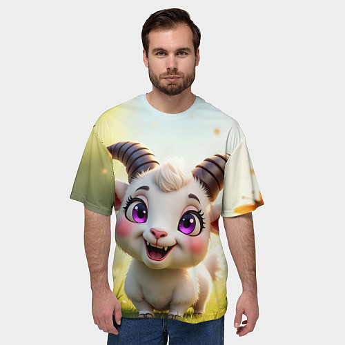 Мужская футболка оверсайз Козлёнок на лугу / 3D-принт – фото 3