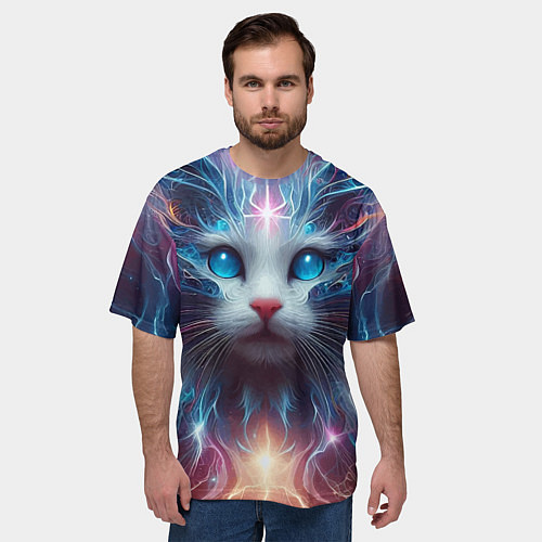 Мужская футболка оверсайз Fantastic blue-eyed neon kitten / 3D-принт – фото 3