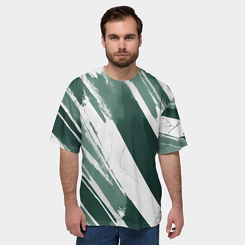 Мужская футболка оверсайз Косая зеленая полоска / 3D-принт – фото 3
