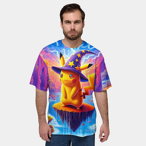 Мужская футболка оверсайз Pikachu in a stargazers hat / 3D-принт – фото 3