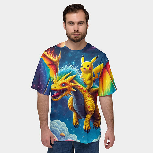 Мужская футболка оверсайз Pikachu on a fabulous dragon - neon glow / 3D-принт – фото 3
