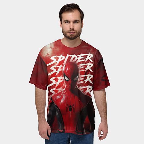 Мужская футболка оверсайз Spider-man red background / 3D-принт – фото 3