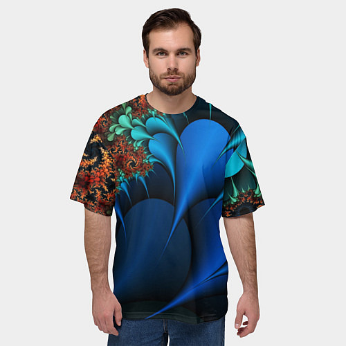 Мужская футболка оверсайз Фрактальный узор голубой / 3D-принт – фото 3