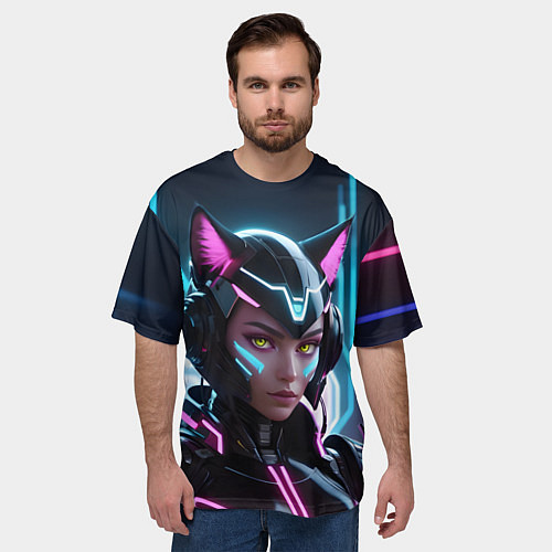 Мужская футболка оверсайз Неон кибер девушка / 3D-принт – фото 3