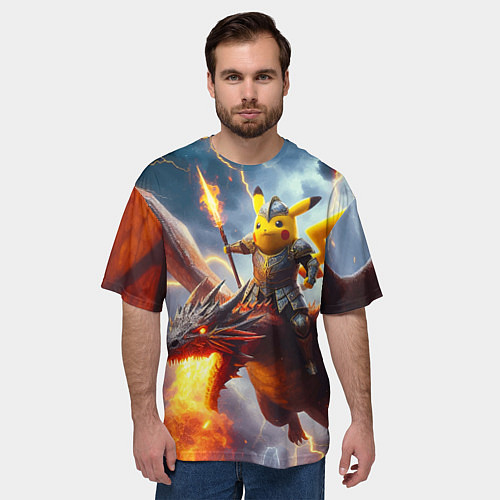 Мужская футболка оверсайз Рыцарь Пикачу на боевом драконе / 3D-принт – фото 3
