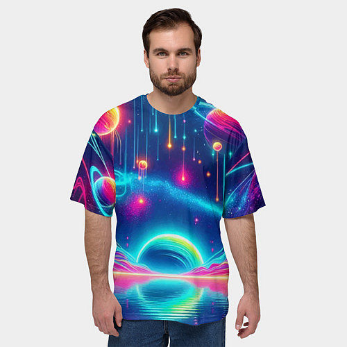 Мужская футболка оверсайз Неоновый космос - нейроарт фантазия / 3D-принт – фото 3