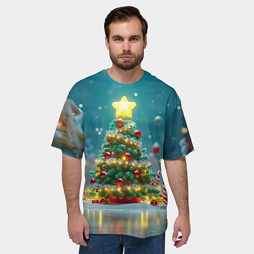 Мужская футболка оверсайз Новогодняя объемная елочка / 3D-принт – фото 3