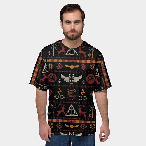 Мужская футболка оверсайз Новогодний паттерн - Гарри Поттер / 3D-принт – фото 3