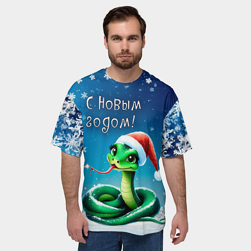Мужская футболка оверсайз Символ 2025 года: зеленая змея в красной шапочке / 3D-принт – фото 3