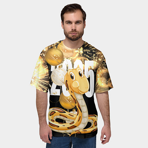 Мужская футболка оверсайз 2025 год - змея и новогодний салют / 3D-принт – фото 3