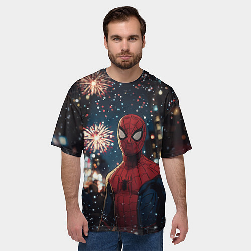 Мужская футболка оверсайз Человек-паук и новогодний салют / 3D-принт – фото 3