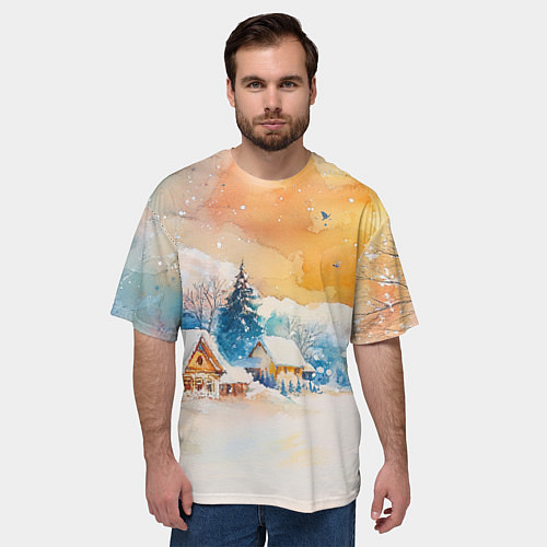 Мужская футболка оверсайз Деревенский новогодний пейзаж / 3D-принт – фото 3