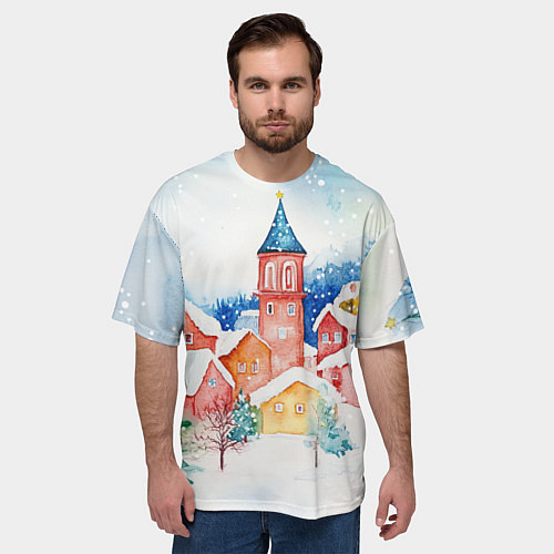 Мужская футболка оверсайз Новогодний сказочный город / 3D-принт – фото 3
