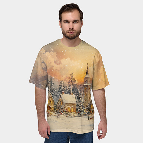 Мужская футболка оверсайз Новогодний небольшой городок / 3D-принт – фото 3