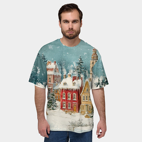 Мужская футболка оверсайз Праздничный новогодний город / 3D-принт – фото 3