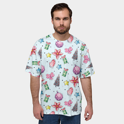 Мужская футболка оверсайз Новогодний фон / 3D-принт – фото 3