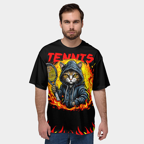 Мужская футболка оверсайз Кот теннисист / 3D-принт – фото 3
