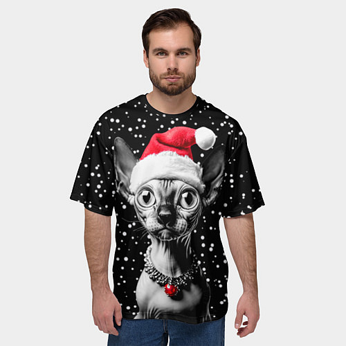 Мужская футболка оверсайз Сфинкс в шапке Санты / 3D-принт – фото 3