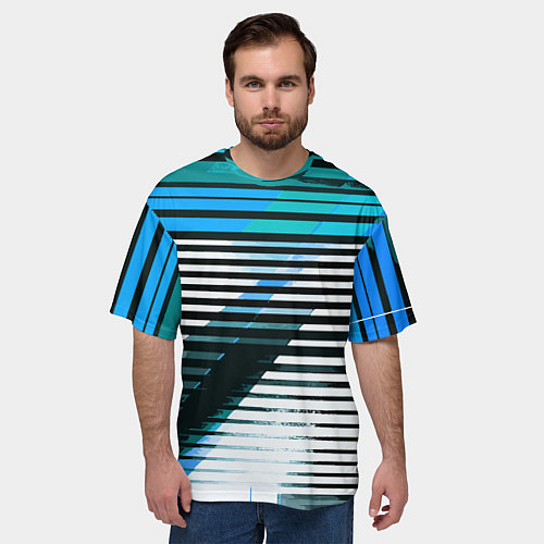 Мужская футболка оверсайз Сине-чёрные полосы на белом фоне / 3D-принт – фото 3