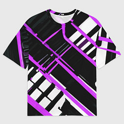 Футболка оверсайз мужская Фиолетово-белые линии на чёрном фоне, цвет: 3D-принт