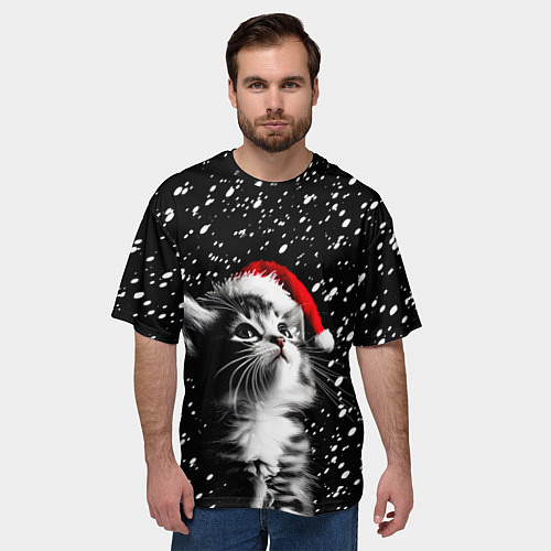 Мужская футболка оверсайз Милый котенок - первый снег / 3D-принт – фото 3