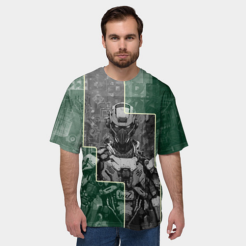 Мужская футболка оверсайз Андроид в серо-зелёных тонах / 3D-принт – фото 3