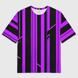 Футболка оверсайз мужская Толстые фиолетовые полосы на чёрном фоне, цвет: 3D-принт