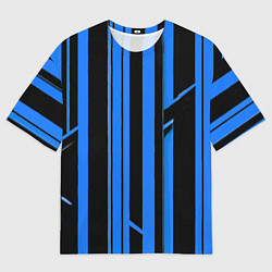Футболка оверсайз мужская Толстые синие полосы на чёрном фоне, цвет: 3D-принт