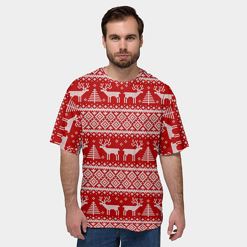 Мужская футболка оверсайз Вязаный новогодний орнамент с оленями и ёлками / 3D-принт – фото 3