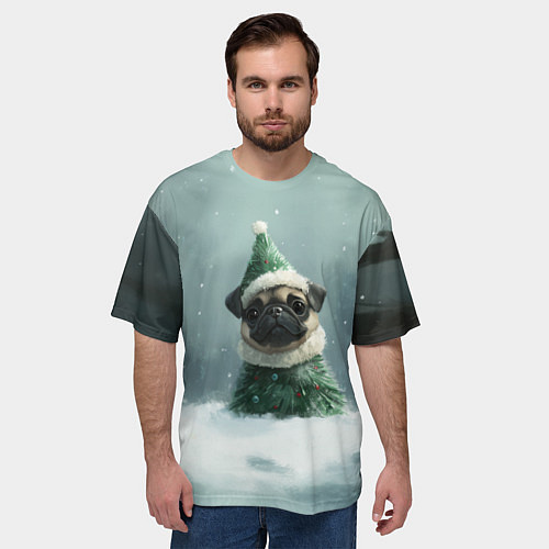 Мужская футболка оверсайз Маленький новогодний мопс / 3D-принт – фото 3