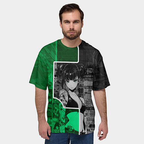 Мужская футболка оверсайз Девушка с татуировками в серо-зелёных тонах / 3D-принт – фото 3