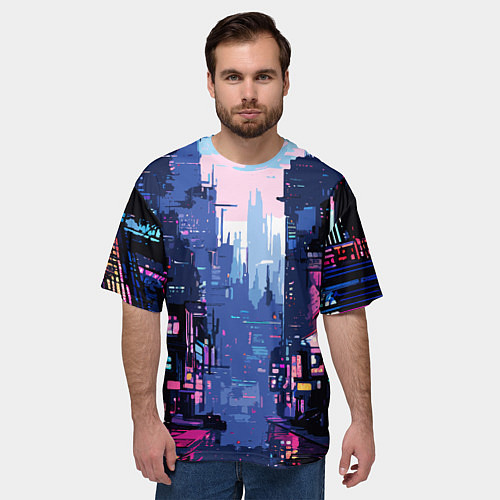 Мужская футболка оверсайз Киберпанк город розовый / 3D-принт – фото 3
