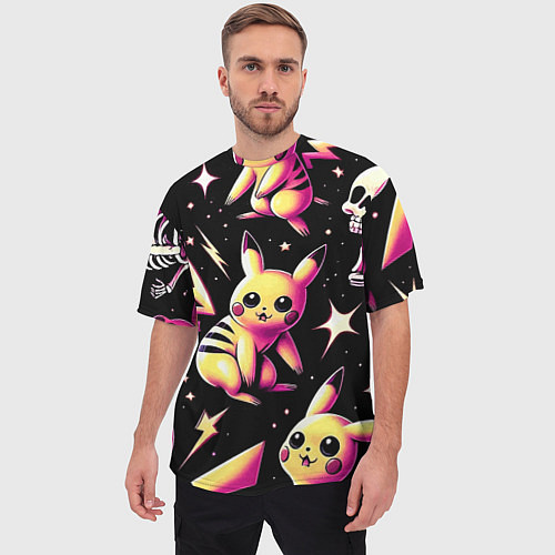 Мужская футболка оверсайз Pikachu and skeletons - pattern / 3D-принт – фото 3