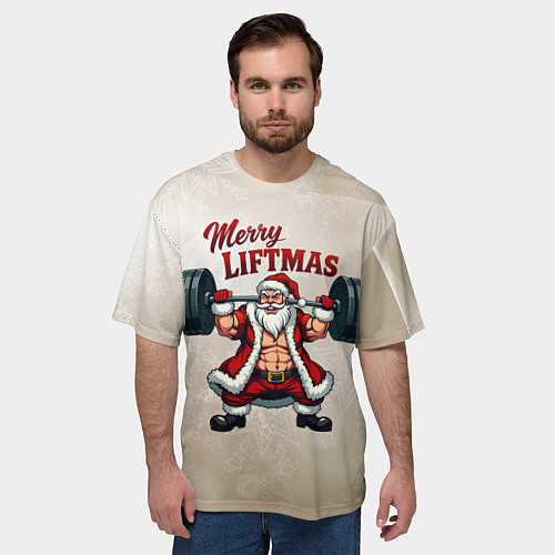 Мужская футболка оверсайз Санта тягает штангу / 3D-принт – фото 3