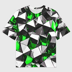 Футболка оверсайз мужская Зелёно-белые рельефные треугольники на чёрном фоне, цвет: 3D-принт