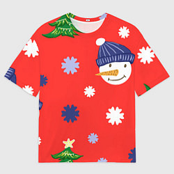 Мужская футболка оверсайз Новогодний узор со снеговиком и снежинками