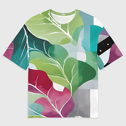 Мужская футболка оверсайз Акварельные листья и полоски