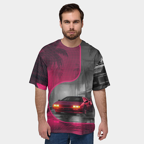 Мужская футболка оверсайз Спорткар в тропическом городе / 3D-принт – фото 3