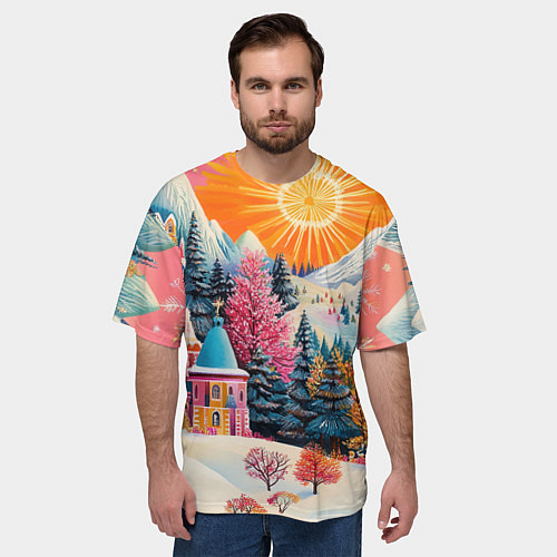 Мужская футболка оверсайз Новый год - горы и пейзаж / 3D-принт – фото 3