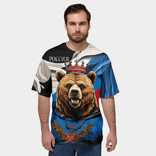 Мужская футболка оверсайз Русский медведь с гербом России на груди на фоне ф / 3D-принт – фото 3