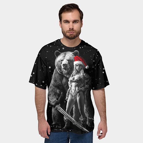Мужская футболка оверсайз Античная снегурочка с медведем / 3D-принт – фото 3