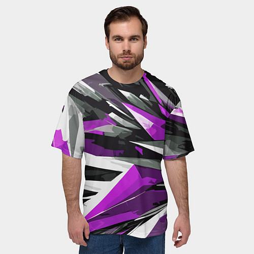 Мужская футболка оверсайз Чёрно-фиолетово-белая абстракция / 3D-принт – фото 3
