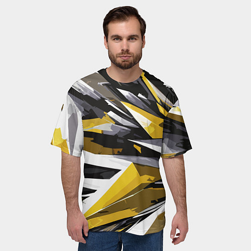 Мужская футболка оверсайз Чёрно-жёлто-белая абстракция / 3D-принт – фото 3