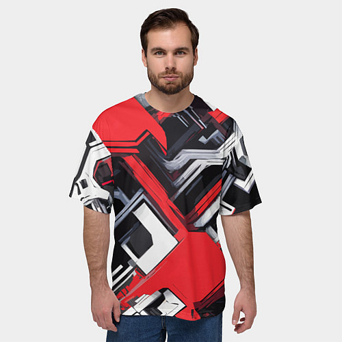 Мужская футболка оверсайз Красно-белый техно паттерн / 3D-принт – фото 3