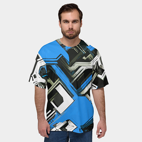 Мужская футболка оверсайз Сине-белый техно паттерн на чёрном фоне / 3D-принт – фото 3