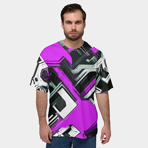 Мужская футболка оверсайз Бело-фиолетовый техно паттерн на чёрном фоне / 3D-принт – фото 3