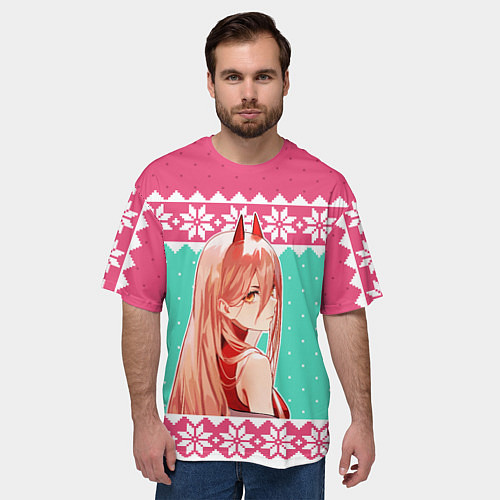 Мужская футболка оверсайз Новогодний свитер Пауэр из Человек-бензопила / 3D-принт – фото 3